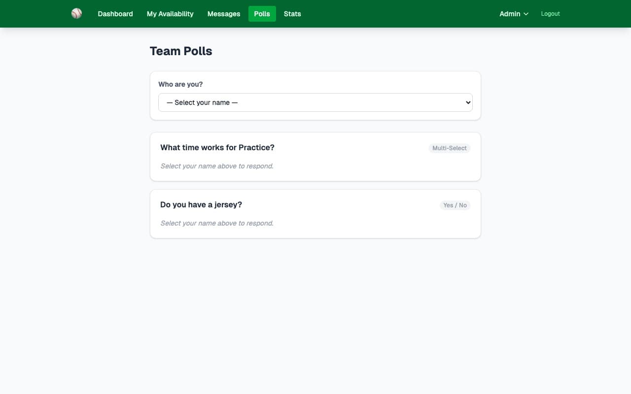 Softball team polls page showing active polls that players can respond to by selecting their name and choosing an answer