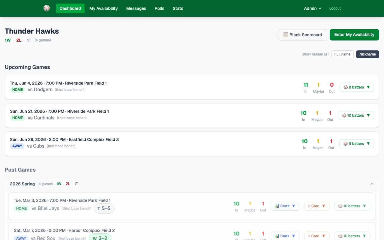 Softball team dashboard showing upcoming games with In, Maybe, and Out player counts for each game