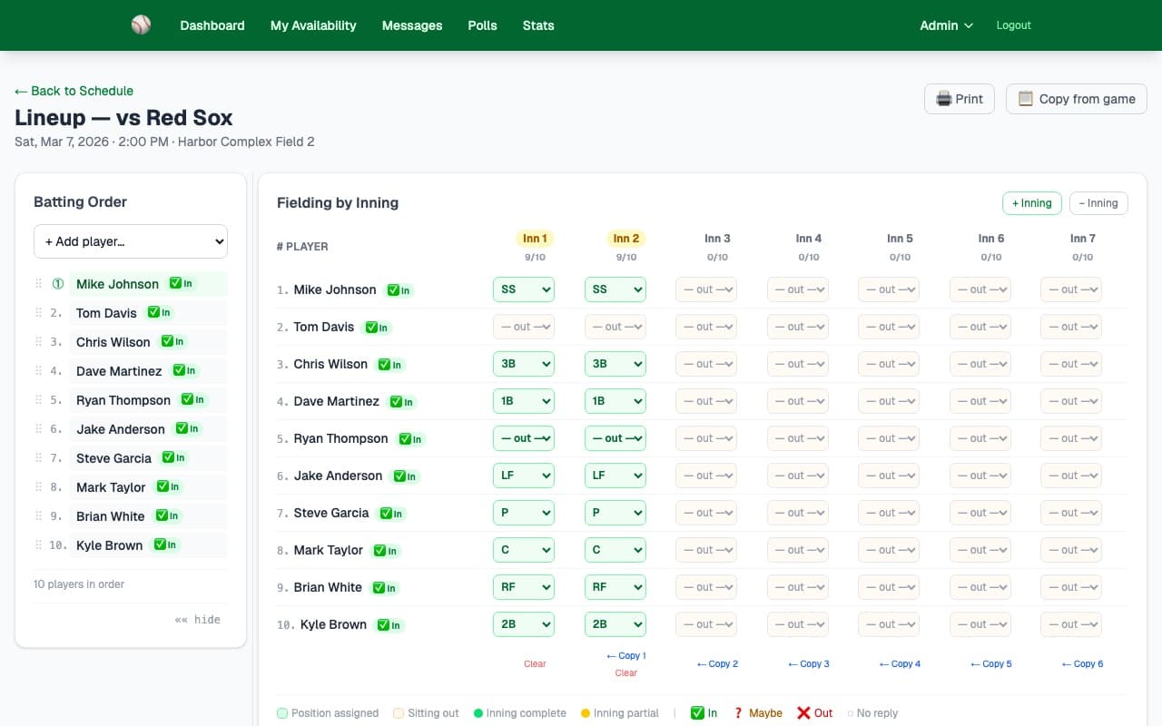 Softball lineup builder showing batting order on the left and fielding positions by inning on the right