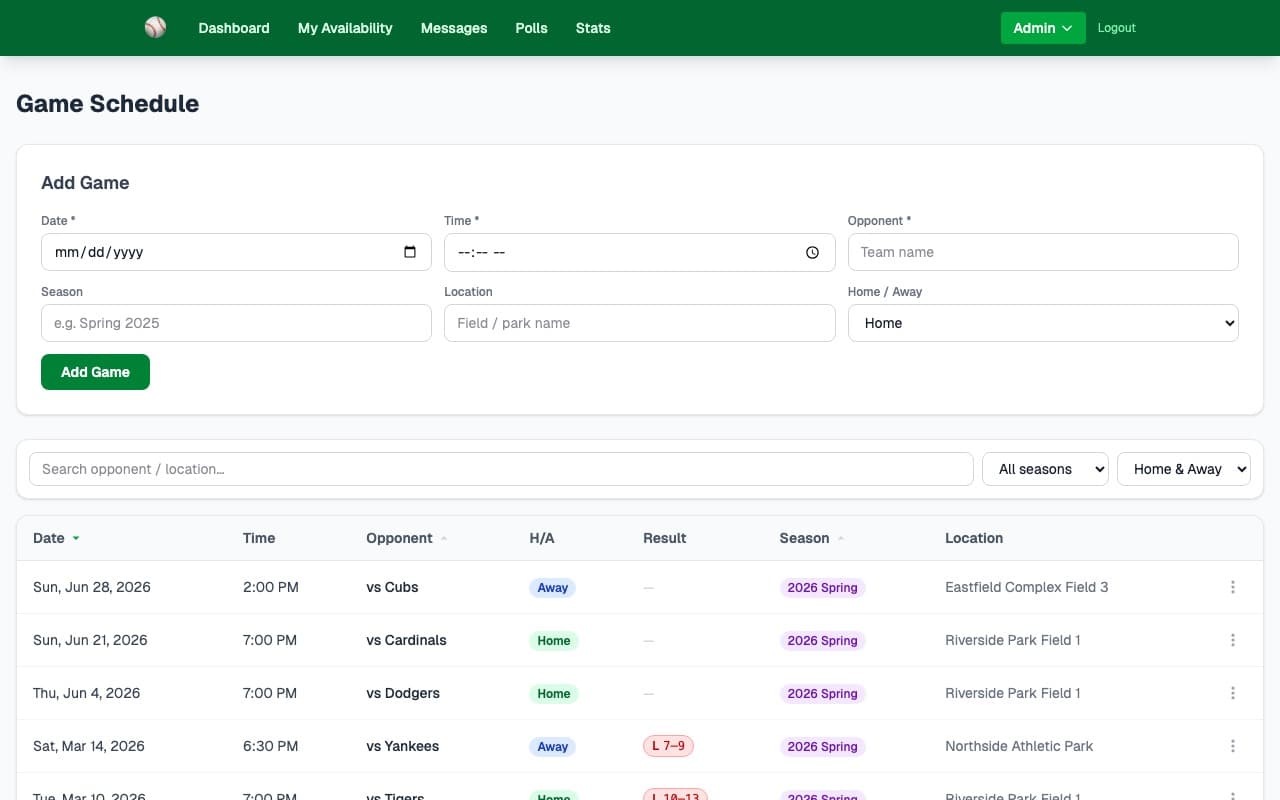 Softball game schedule admin page showing a sortable list of games with date, time, opponent, home/away, result, and location columns