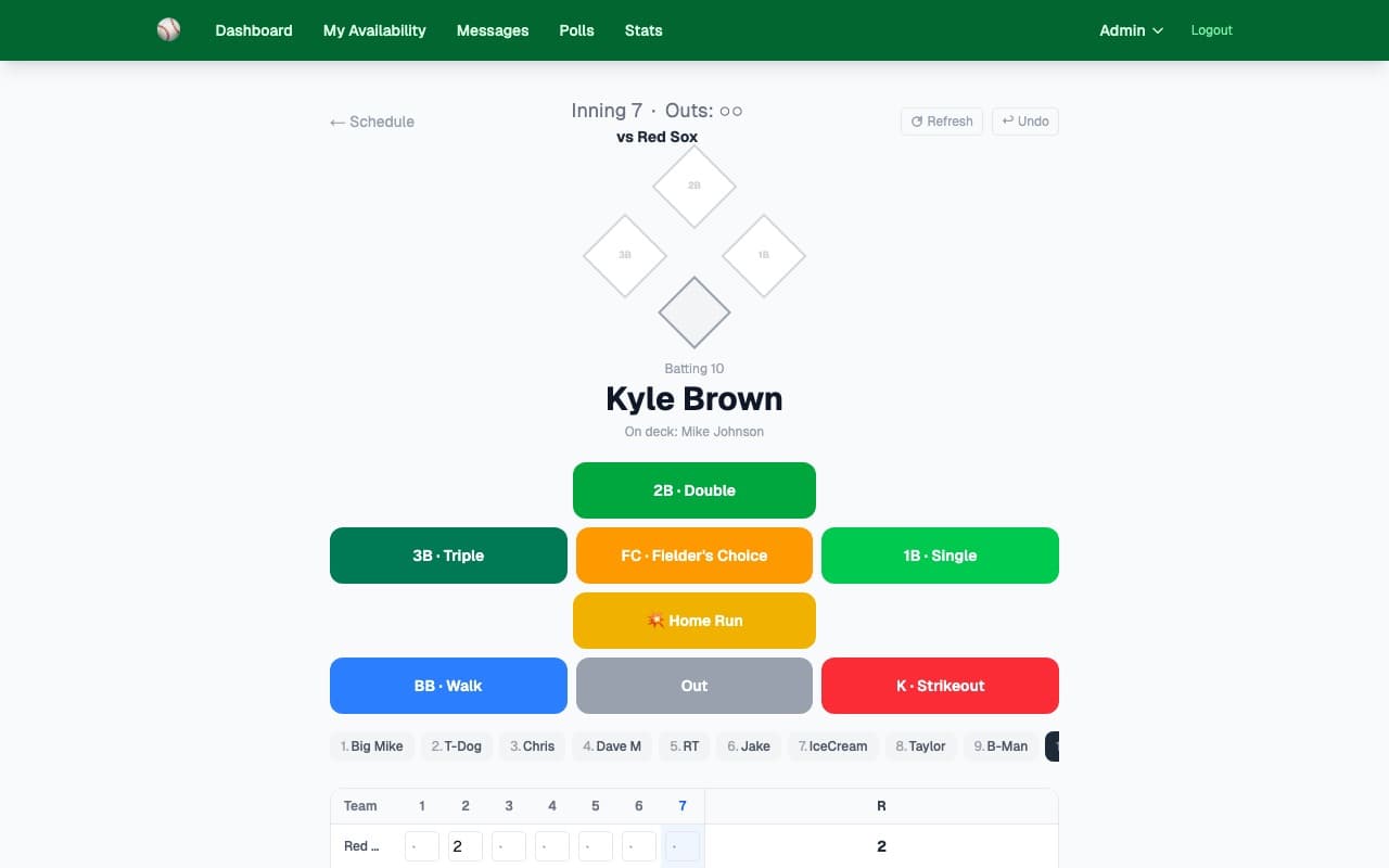 Softball live scoring screen showing a visual baseball diamond with runners on base, the current batter, inning/outs, and large tap-to-score buttons for single, double, triple, home run, walk, out, and strikeout